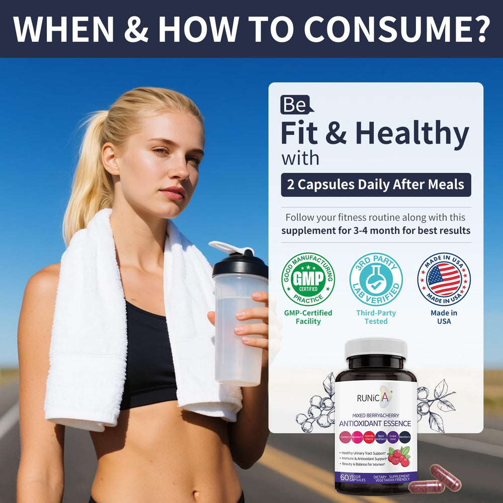 RUNICA women's immune defense capsules shown with berry mix.
