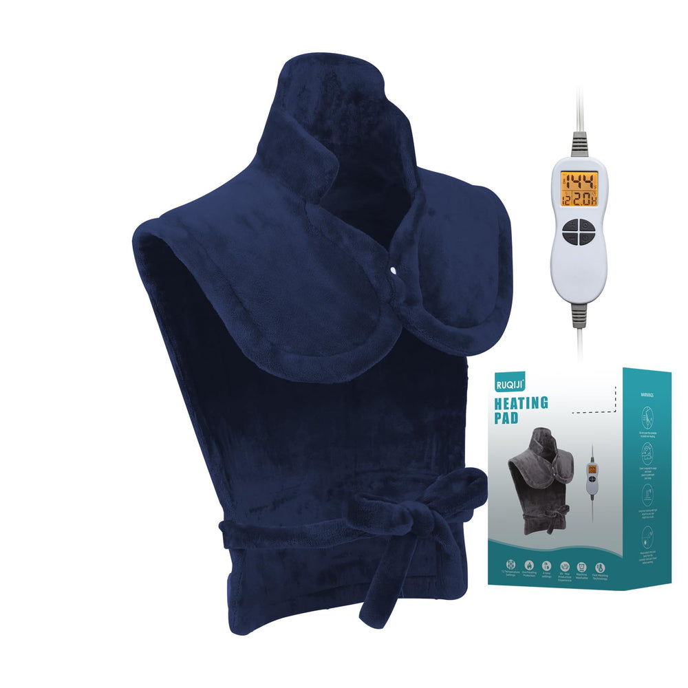 RUQIJI navy blue 26x35 flannel heating pad covering neck, shoulders, and back