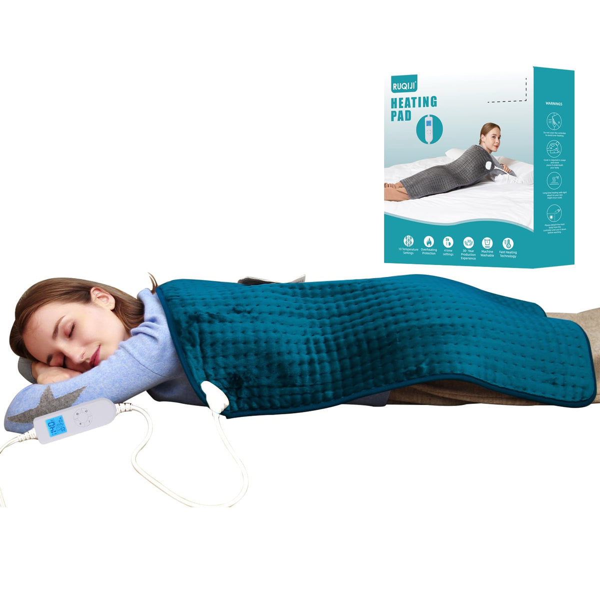 Ruqiji heating pad with LED screen controller for easy temperature adjustment.