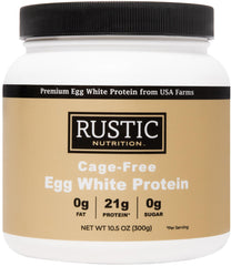 Rustic Nutrition egg white protein powder container showcasing high protein content for shakes