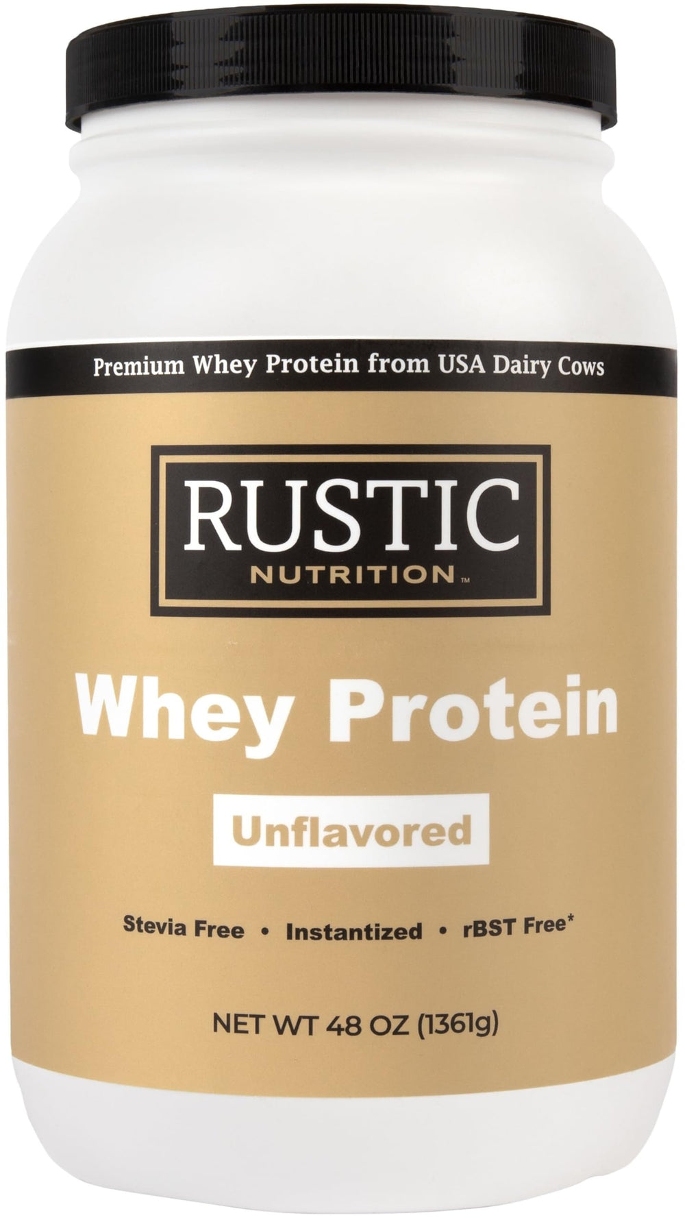 Rustic Nutrition Premium Whey Protein Front View shows a versatile unflavored protein for shakes and recipes.