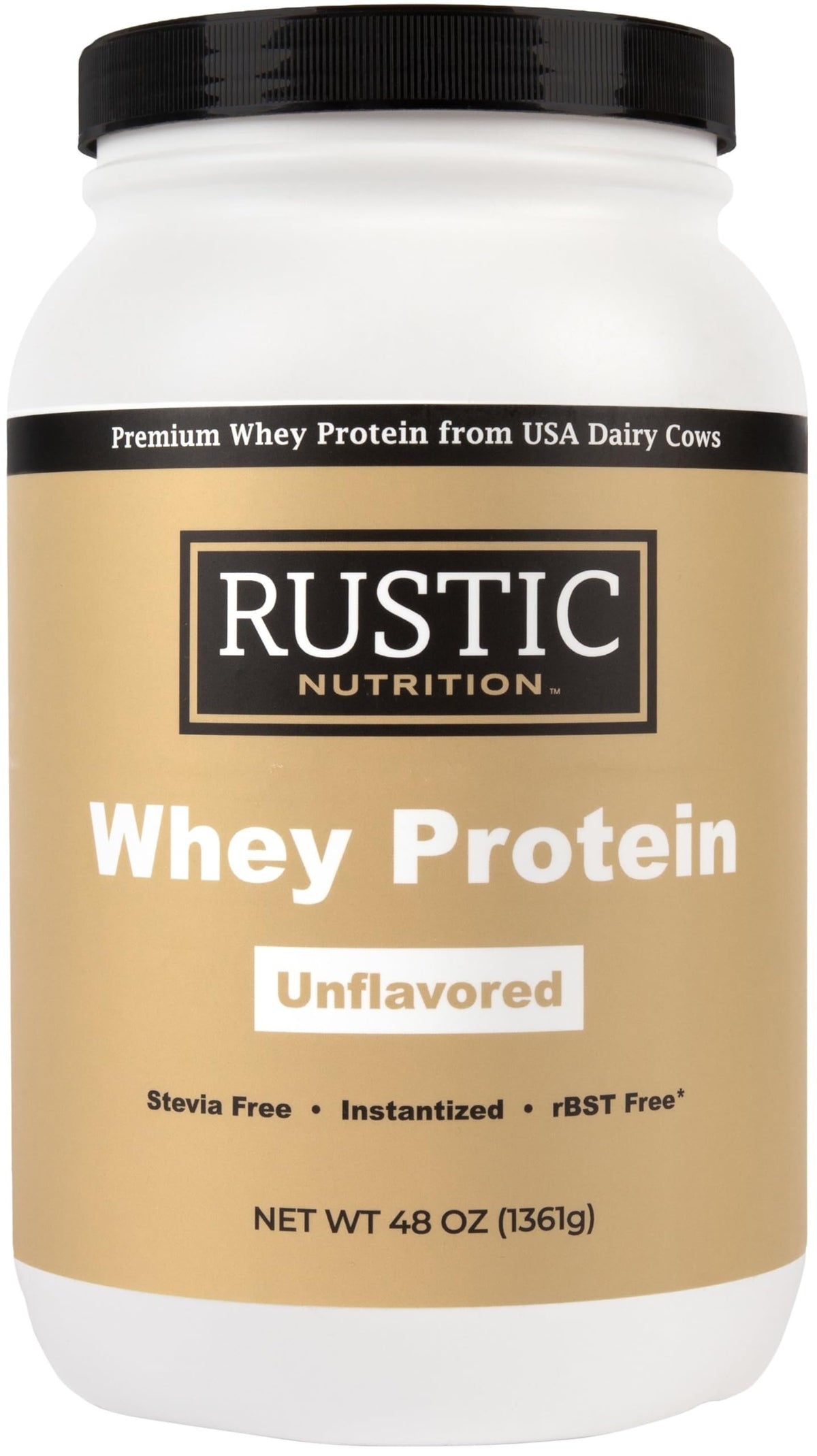 Rustic Nutrition Premium Whey Protein Front View shows a versatile unflavored protein for shakes and recipes.