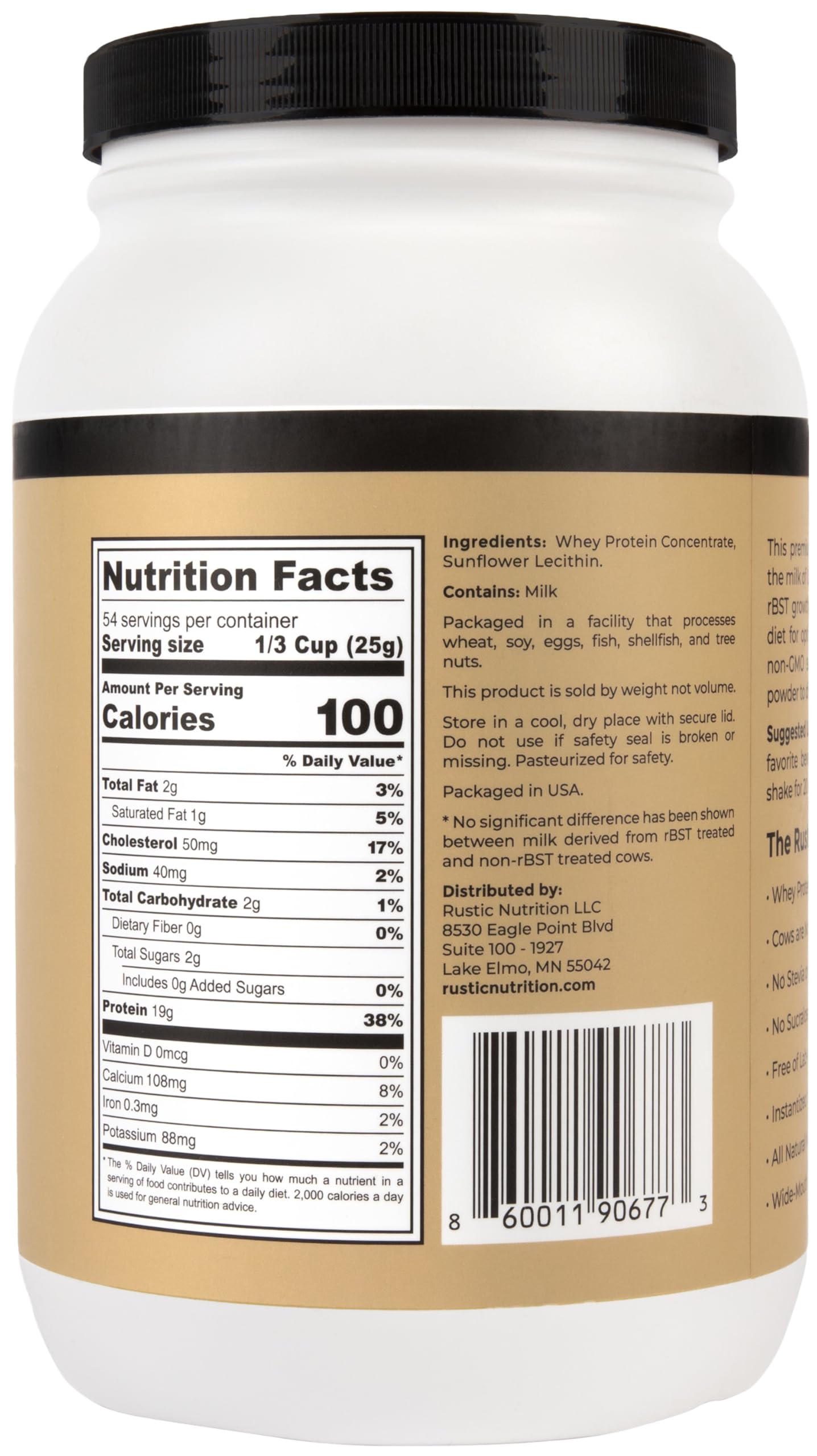 Rustic Nutrition Premium Whey Protein Nutrition Facts Label communicates transparency.
