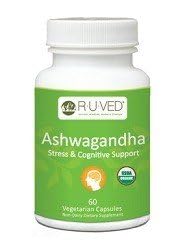 Ruved Ashwagandha capsules bottle supports stress relief and daily energy for balanced wellness.