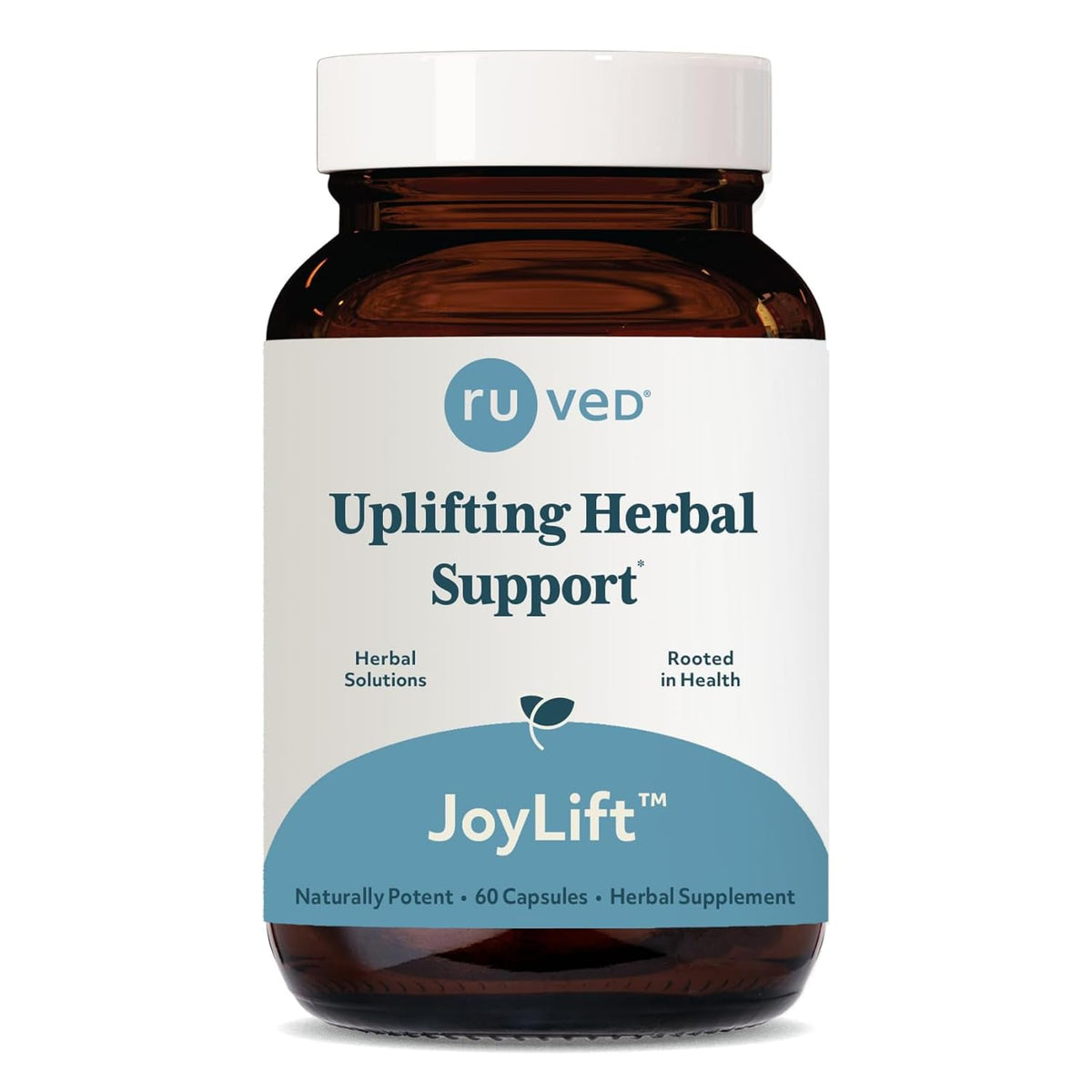 R-U VED JoyLift saffron bottle on calm shelf for mood balance.
