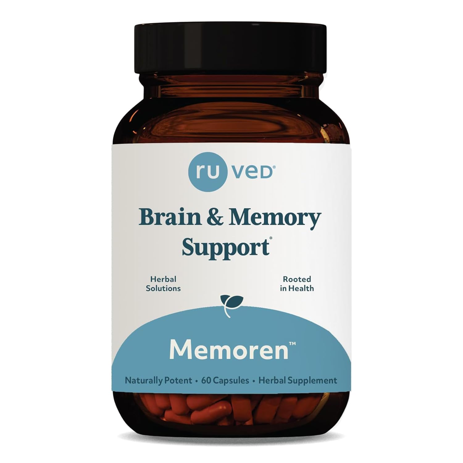 ruved Memoren bottle front showcases organic cognitive support for adults.