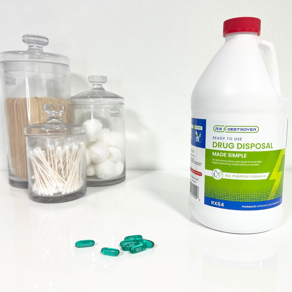 Rx Destroyer packaging box reveals 64 oz capacity and one-pack convenience.