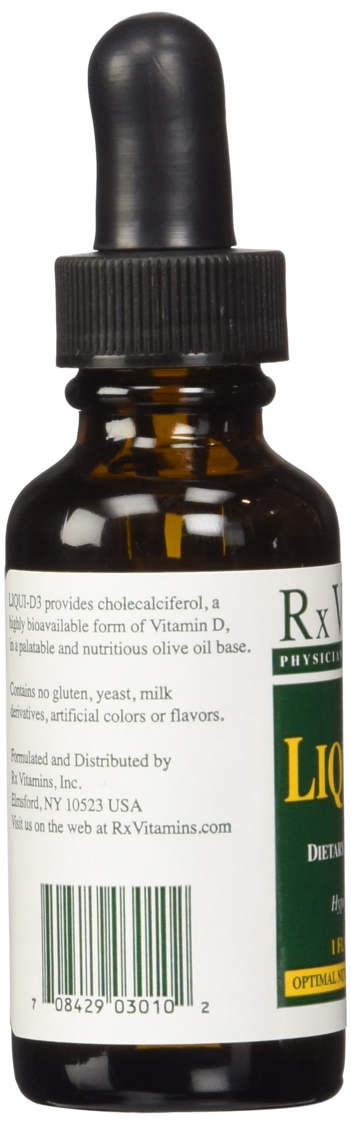 Rx Vitamins Liqui-D3 ingredients include cholecalciferol in a light olive oil base.