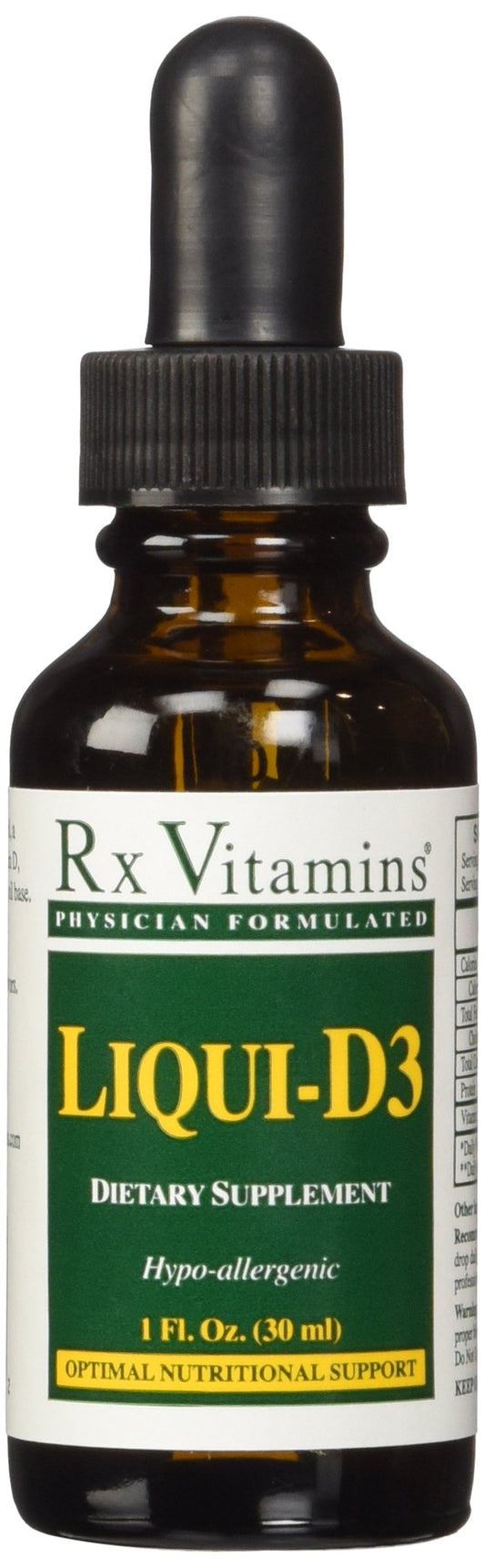 Rx Vitamins Liqui-D3 olive oil bottle shows a smooth, easy-to-dose vitamin D3 source.