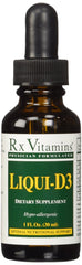 Rx Vitamins Liqui-D3 olive oil bottle shows a smooth, easy-to-dose vitamin D3 source.