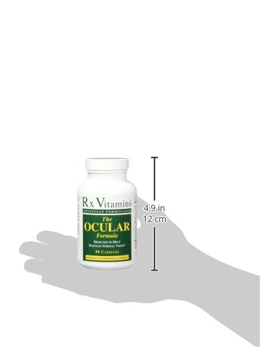 Rx Vitamins The Ocular Formula bottle label close-up highlights lutein, zeaxanthin, and protective nutrients.