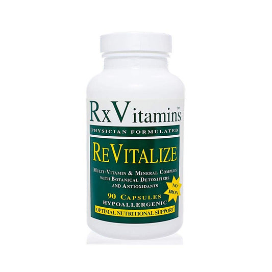 Rx Vitamins ReVitalize Iron Free bottle offering daily nutrition and antioxidant support.