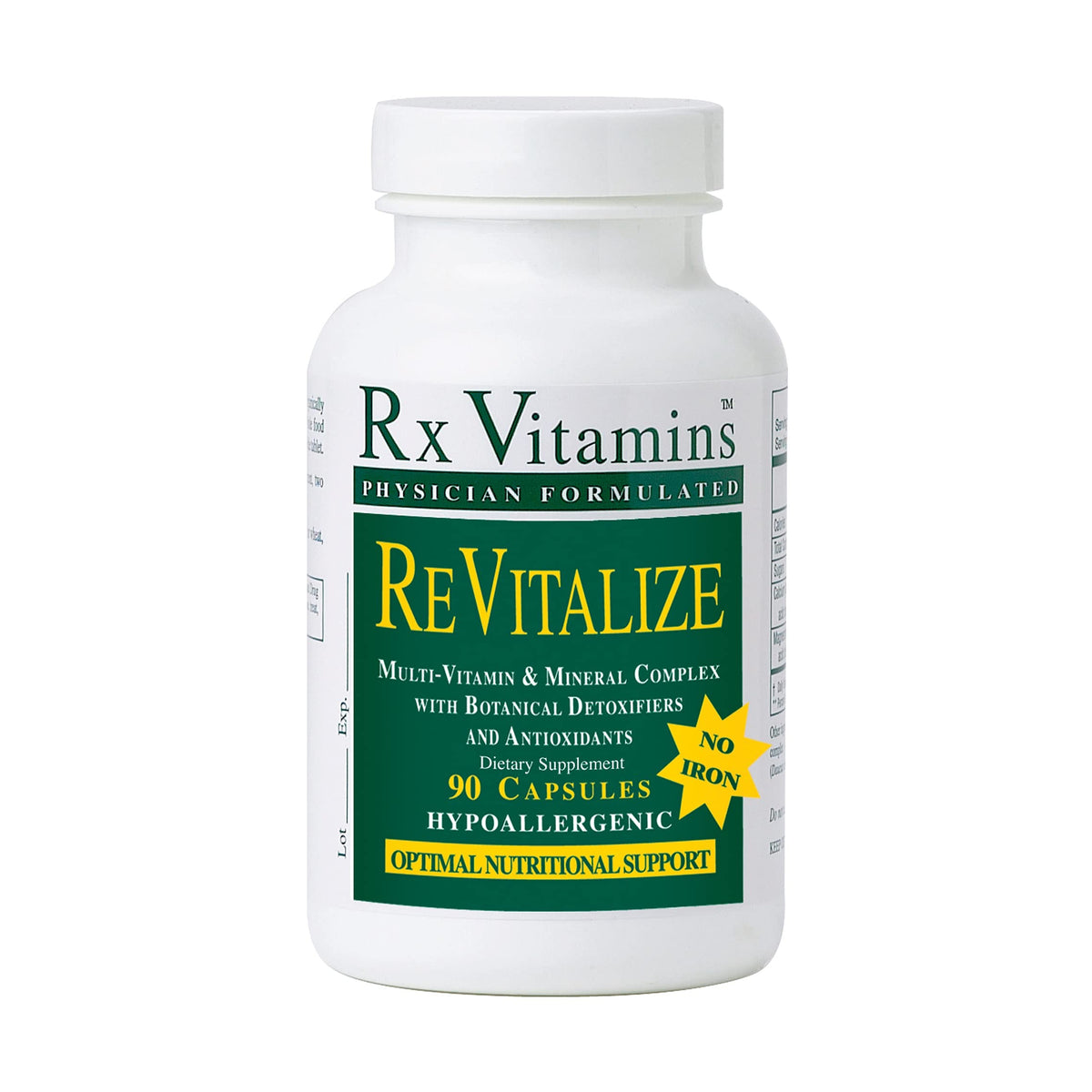 Rx Vitamins ReVitalize No Iron bottle with capsules for daily wellness support.
