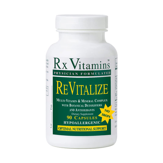 Rx Vitamins ReVitalize No Iron bottle with capsules for daily wellness support.