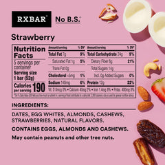 RXBAR Strawberry Bars ingredient closeup showing dates, nuts, and strawberries.