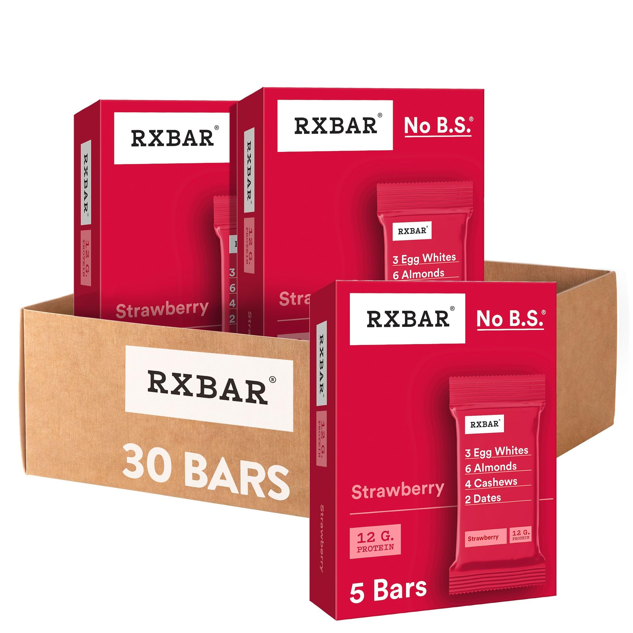 RXBAR Strawberry Bars pack front, six-box carton ideal for on-the-go protein.
