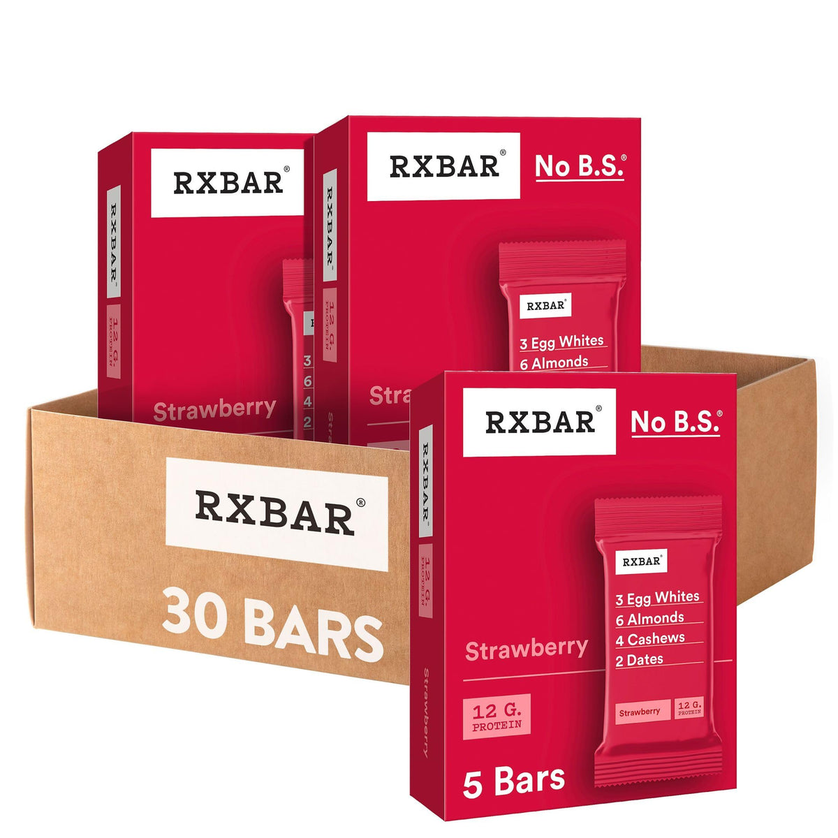 RXBAR Strawberry Bars pack front, six-box carton ideal for on-the-go protein.