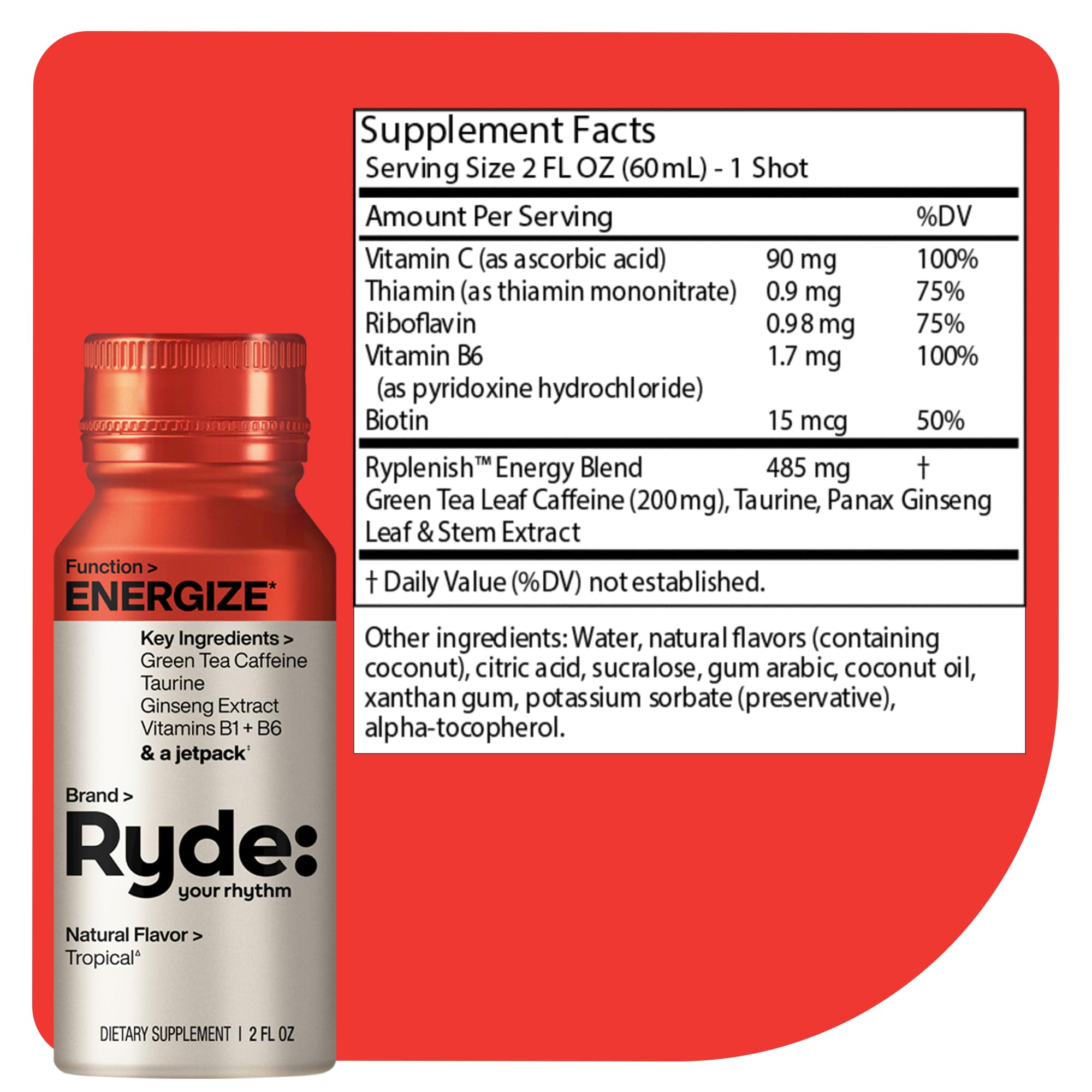 RYDE Energize pour shot showing convenient zero sugar energy