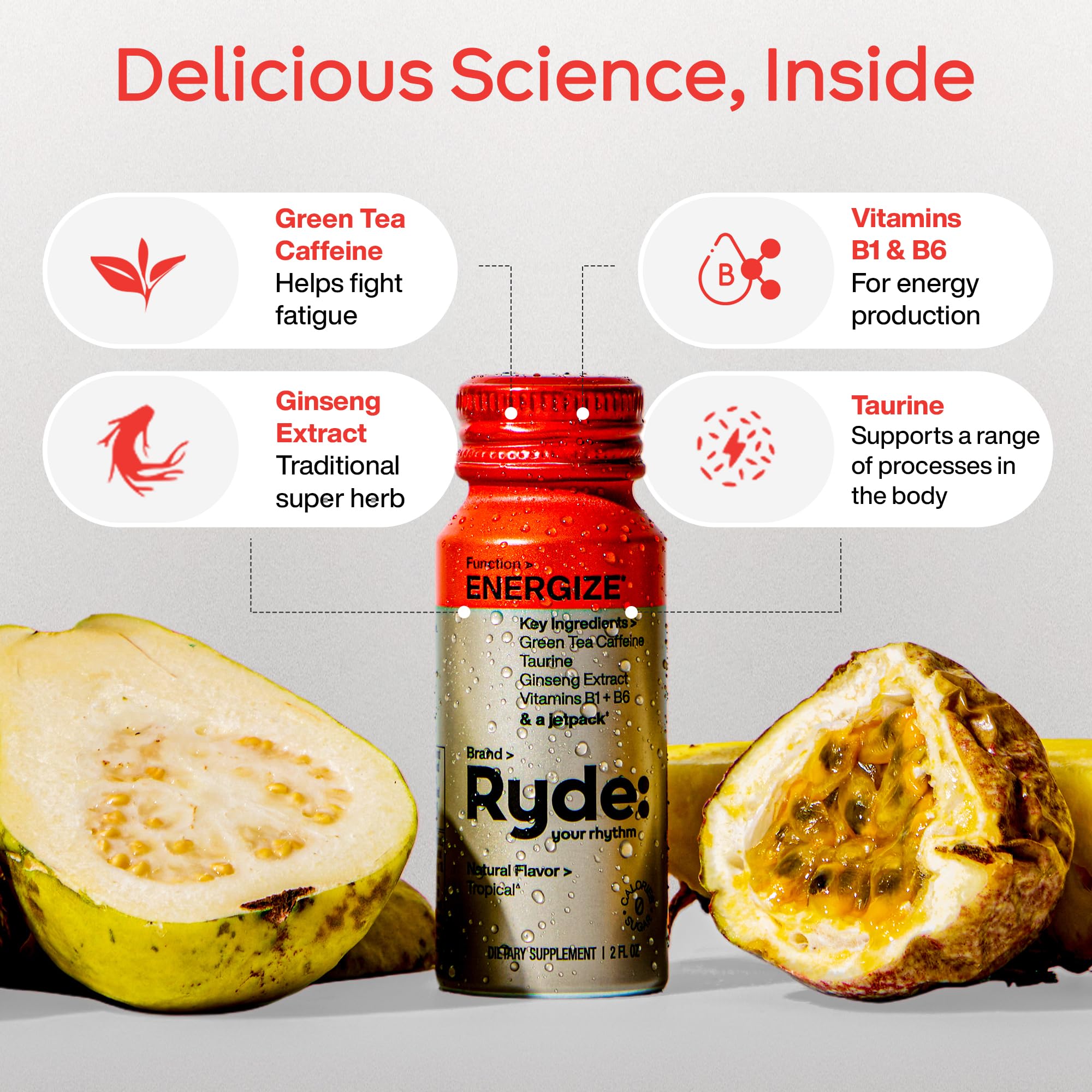 Ryde Energize Shot green tea caffeine bottle close-up emphasizing natural energy source.