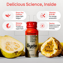 Ryde Energize Shot green tea caffeine bottle close-up emphasizing natural energy source.