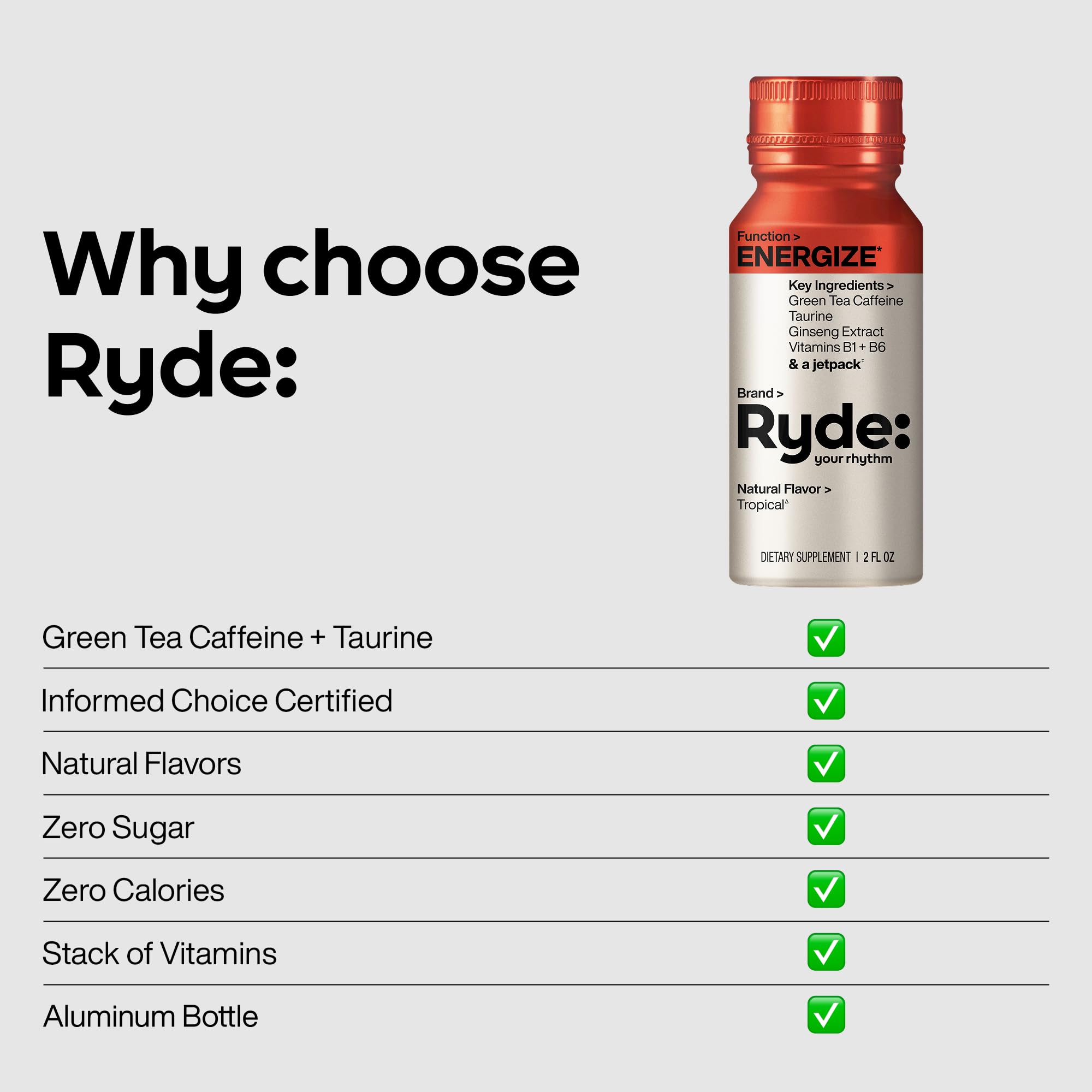 Ryde Energize Shot ingredients list highlights green tea caffeine and B vitamins