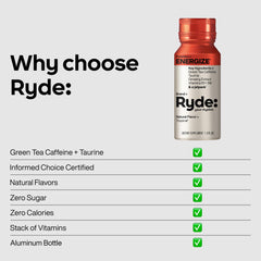 Ryde Energize Shot ingredients list highlights green tea caffeine and B vitamins