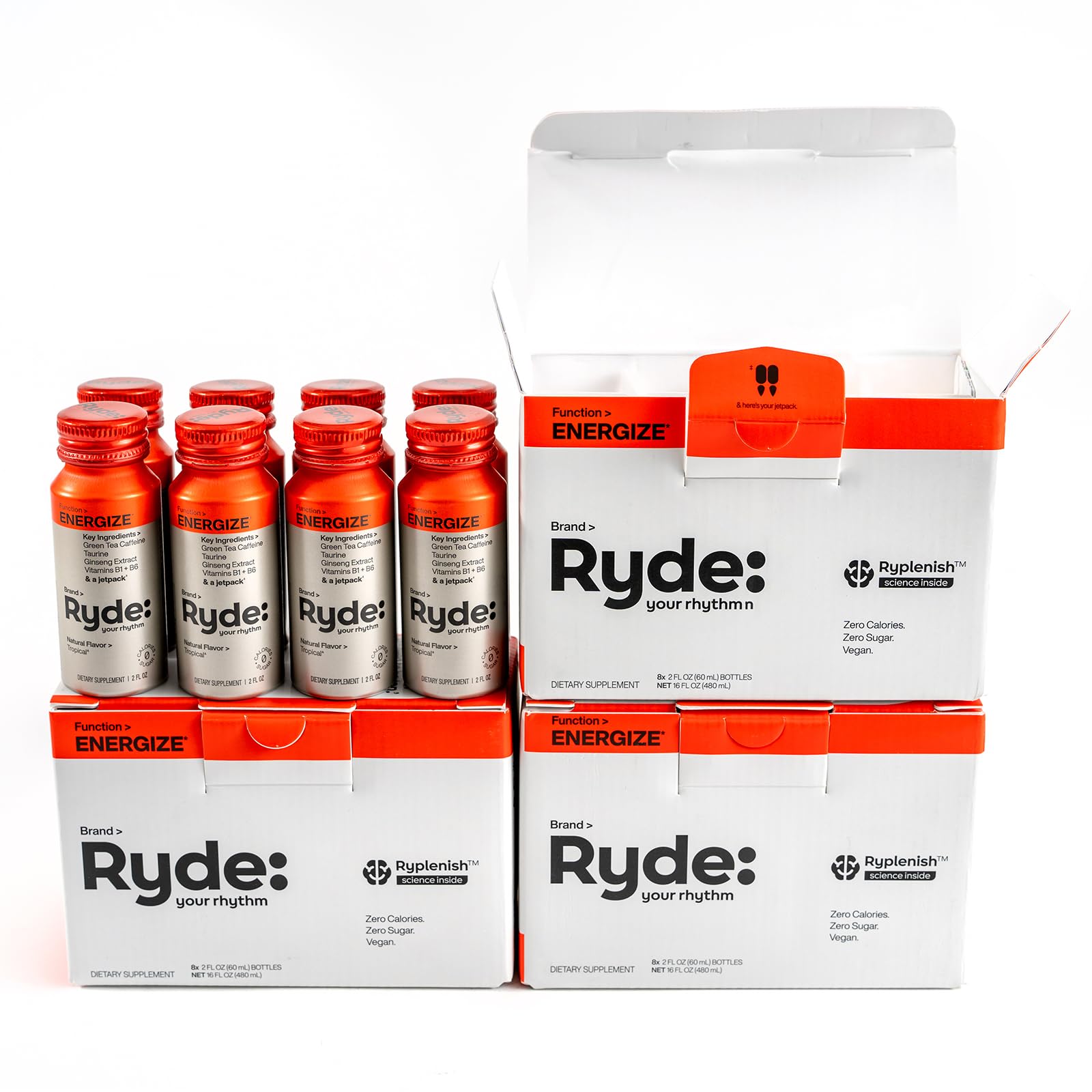 Ryde Energize Shot tropical bottle front promotes quick energy on the go