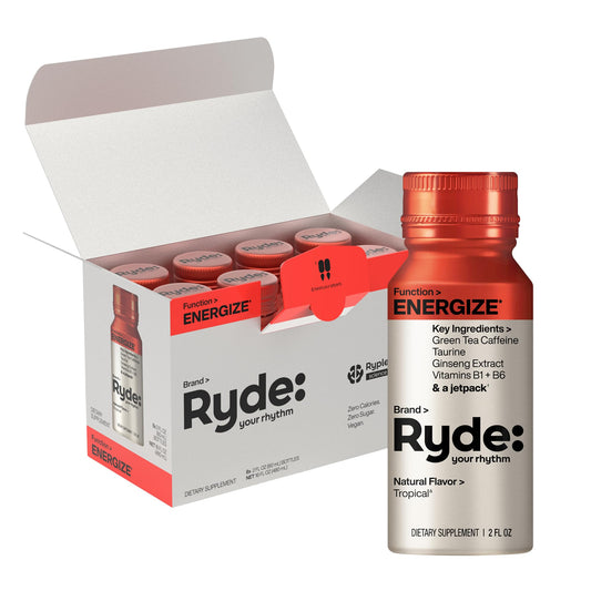Ryde Energize Shot tropical bottle front view, zero calories and sugar-free.