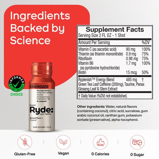 Ryde Energize Shot tropical bottle side view highlighting convenient on-the-go energy.