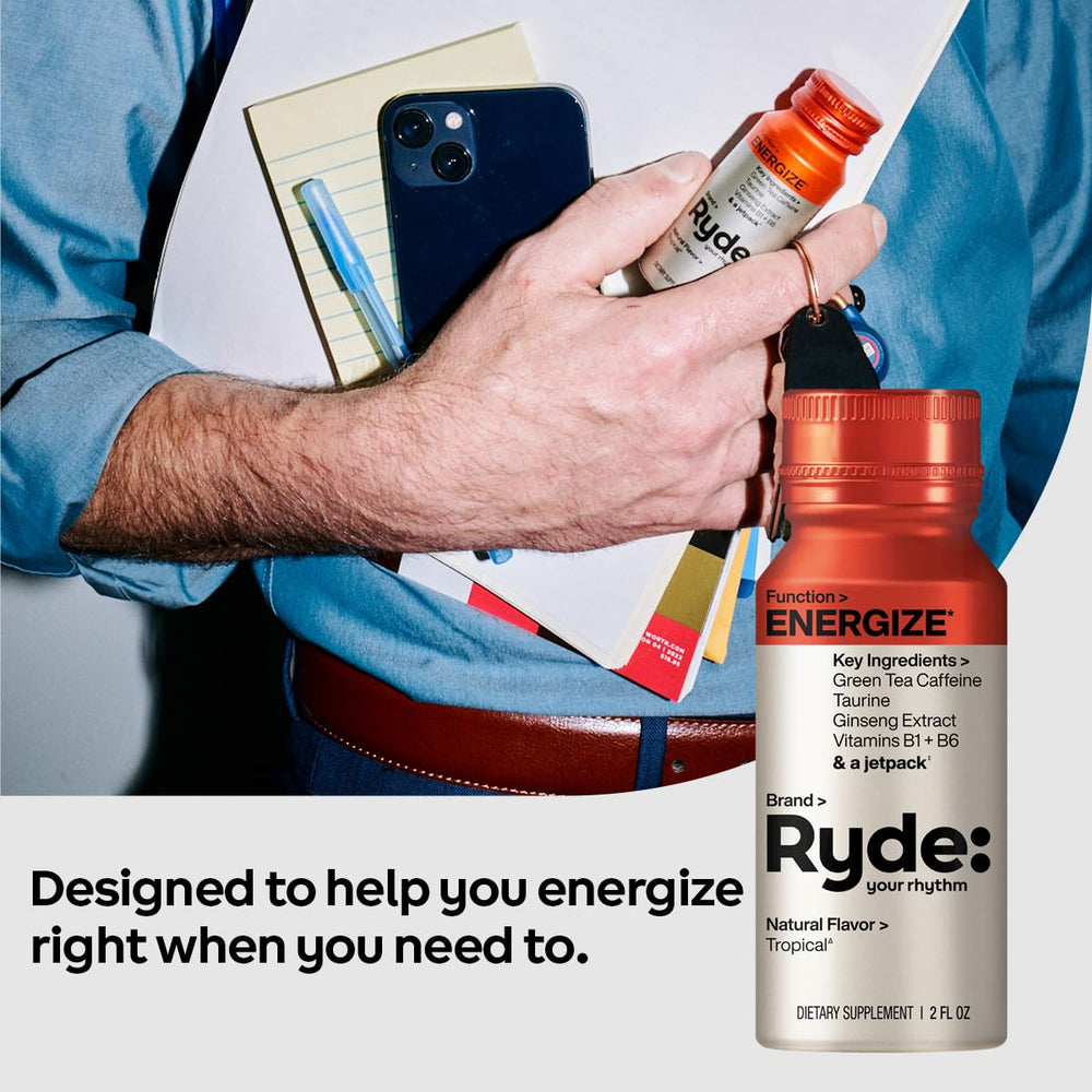 Ryde Energize Shot tropical label bold taste for quick daytime alertness