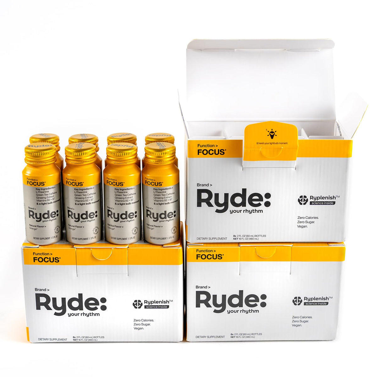 RYDE Focus Shot orange bottle on desk supports concentration during study.