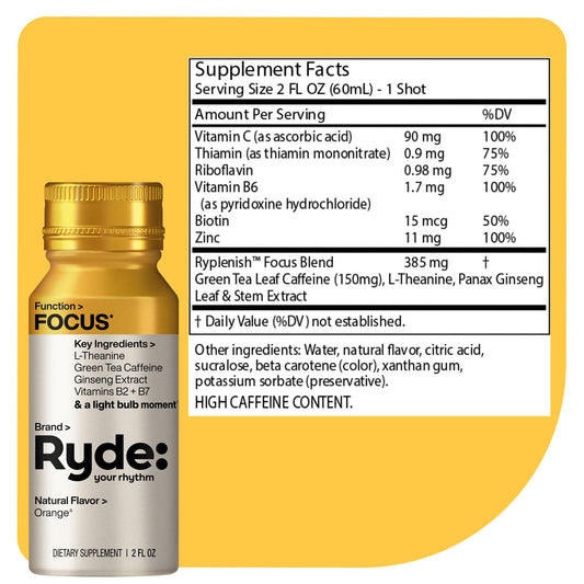 RYDE Focus Shot orange bottle side view highlights compact portability for on-the-go focus.