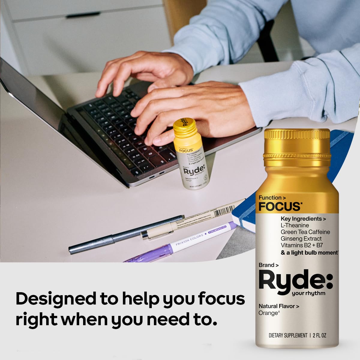 Ryde Focus Shot vitamins B2 and B7 support daily wellness