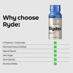 RYDE Relax Shot 2oz bottle on a kitchen counter shows portable calm