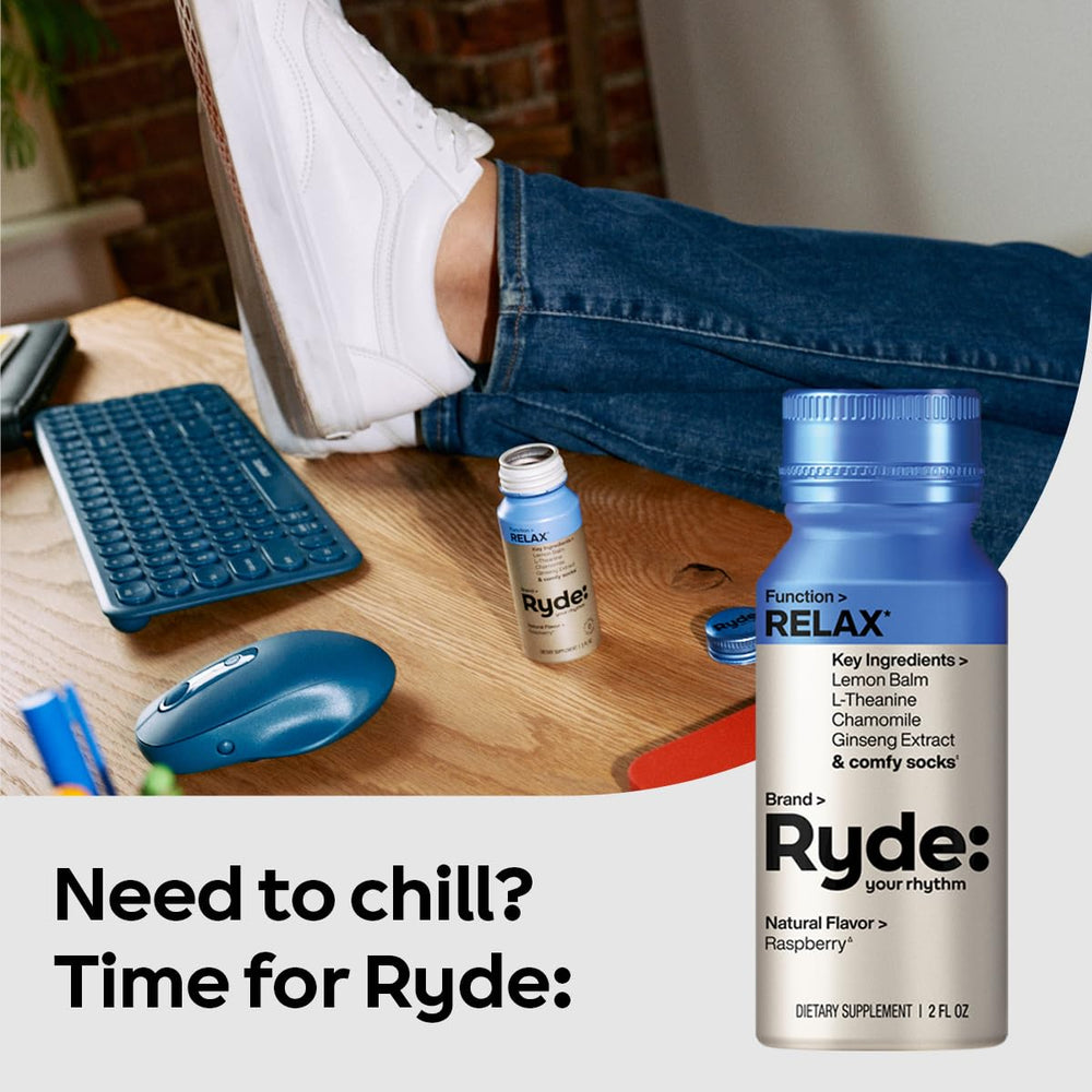 RYDE Relax Shot 8-pack box showcases on-the-go calming for busy days