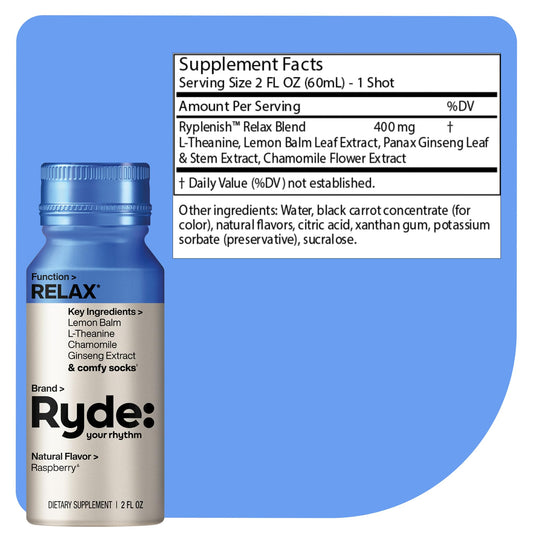RYDE Relax Shot lemon balm essence highlights calming notes for serene moments