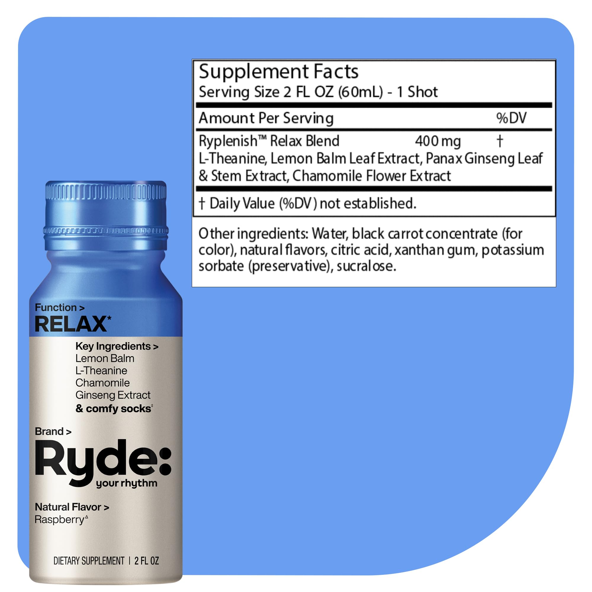 Ryde Relax Shot Lemon Balm ingredients highlight calming botanicals