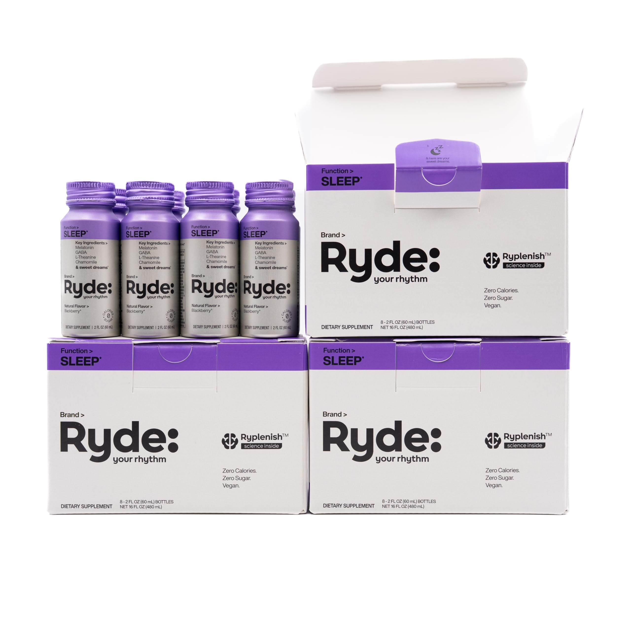 Ryde Sleep bottle front showcases blackberry flavor and convenient 2oz size for travel.