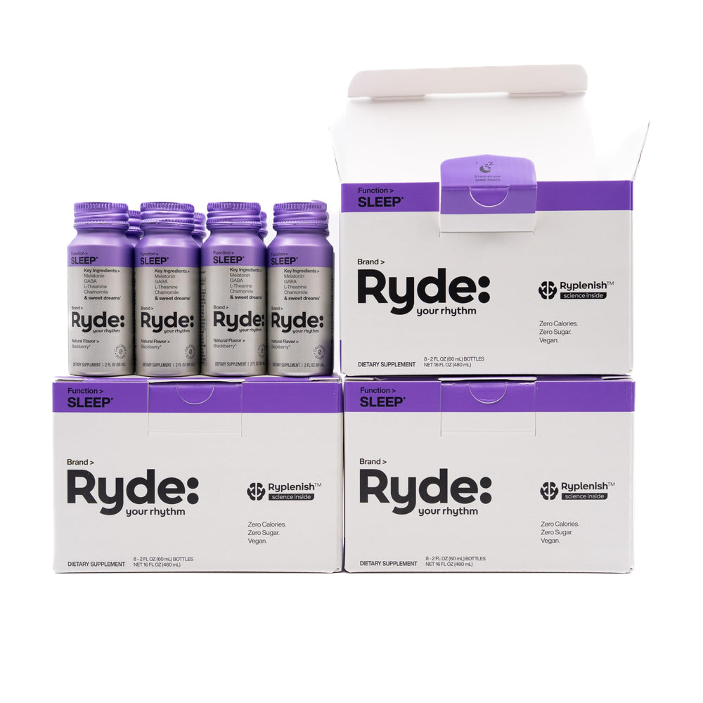 Ryde Sleep bottle front showcases blackberry flavor and convenient 2oz size for travel.