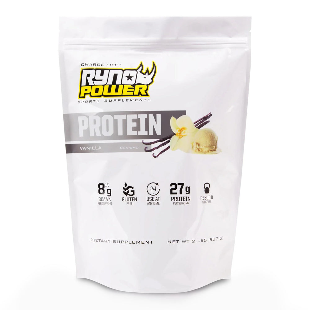 Ryno Power vanilla whey protein canister for clean, high-protein fueling after workouts.