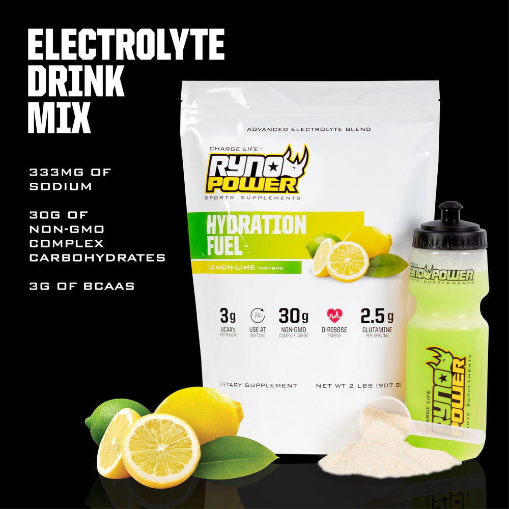 Ryno Power Hydration Fuel Lemon Lime dissolving in a glass of water