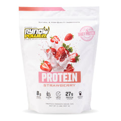 Ryno Power Strawberry whey protein powder bag for post-workout fueling