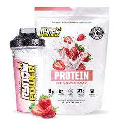 Ryno Power Strawberry whey protein shake ready to blend or drink