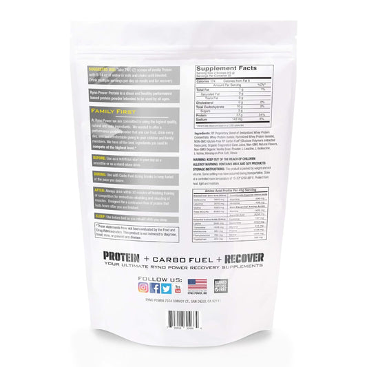 Ryno Power vanilla whey protein pour creates smooth post-workout shakes.