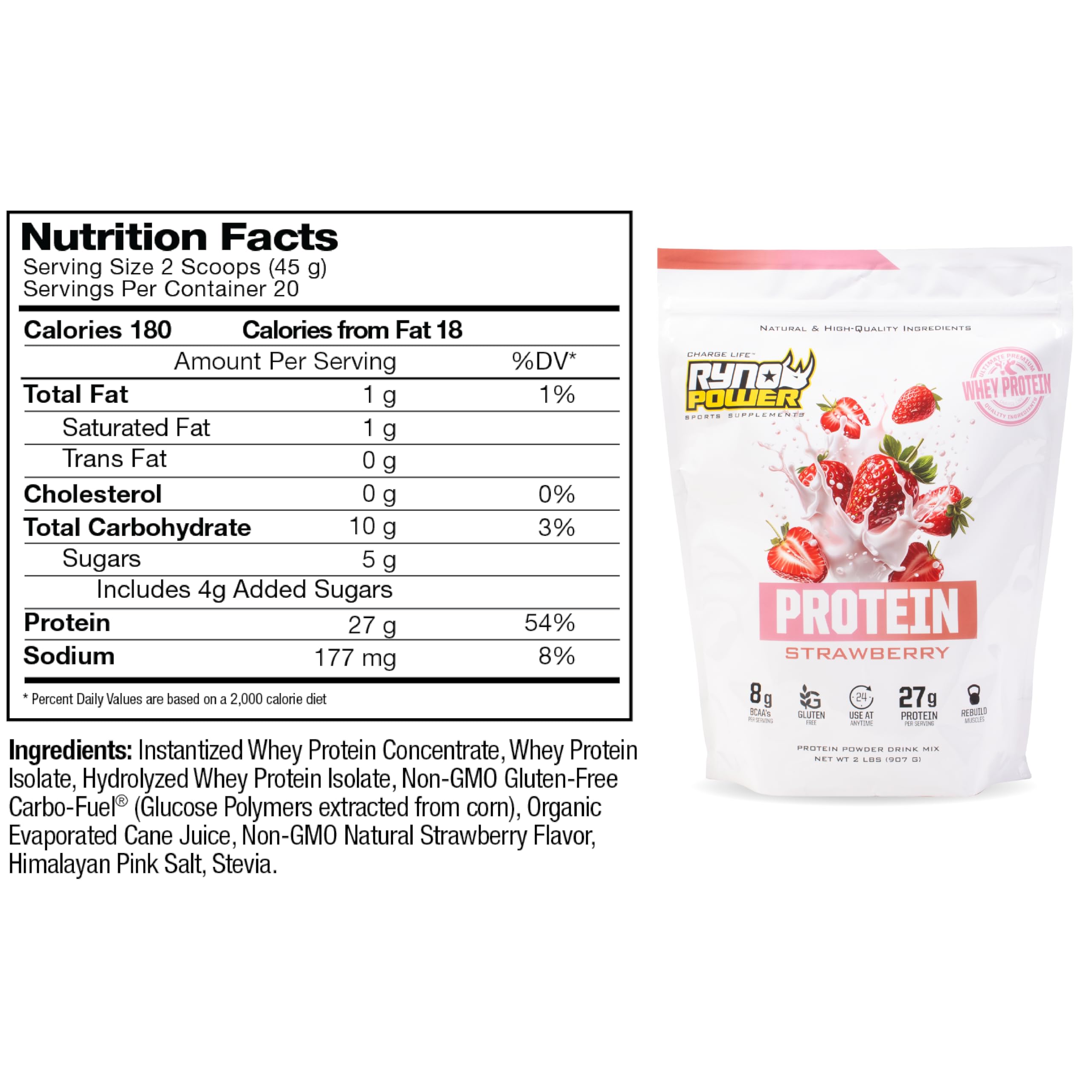 Ryno Power strawberry whey protein label shows 27g protein per serving and BCAAs