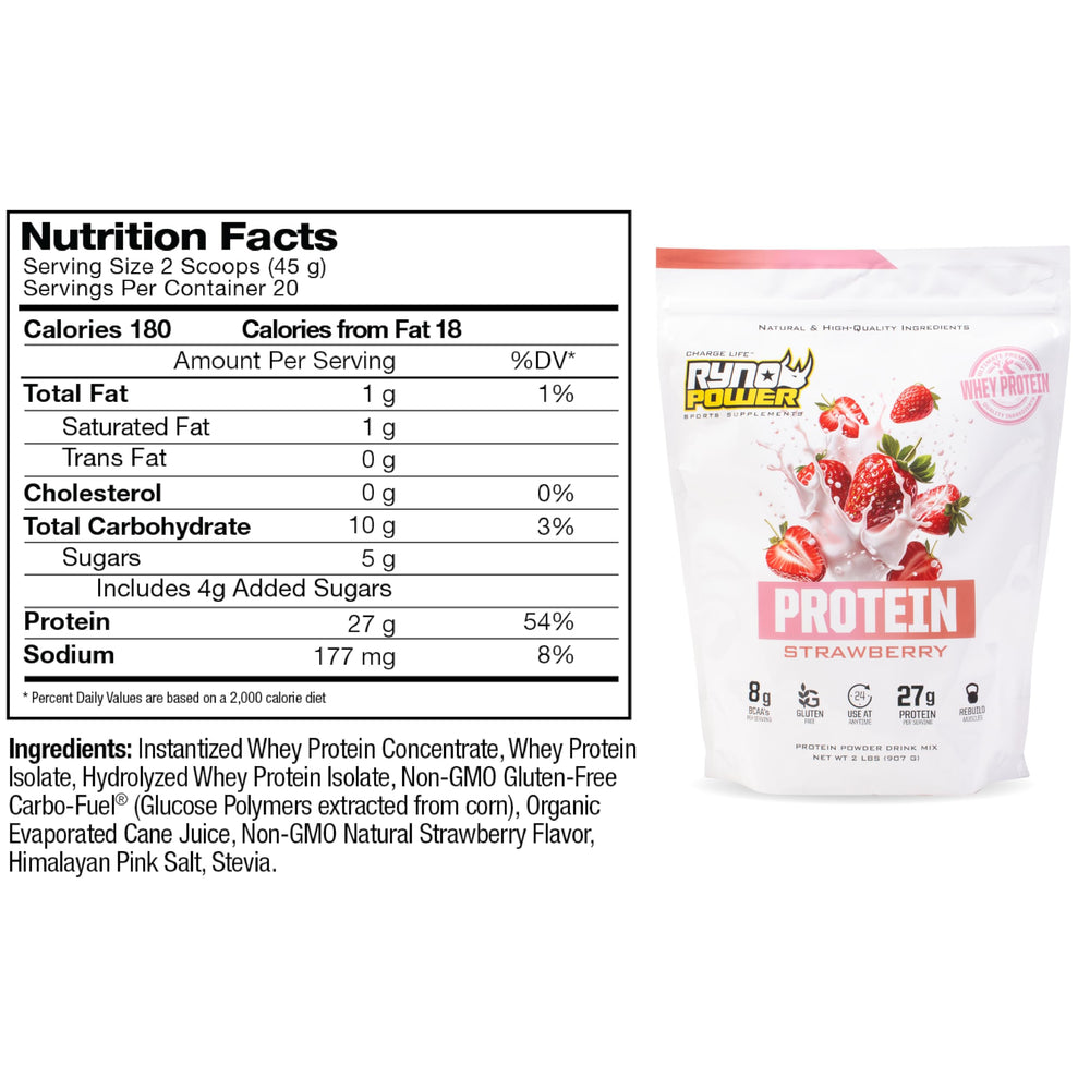 Ryno Power strawberry whey protein label shows 27g protein per serving and BCAAs