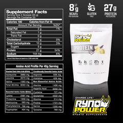 Ryno Power whey protein label and packaging showing product details.