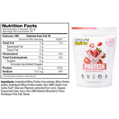 Ryno Power strawberry whey protein label shows 27g protein per serving and BCAAs