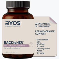 RYOS BACKtoHER bottle label highlights herbal blend for menopause support.