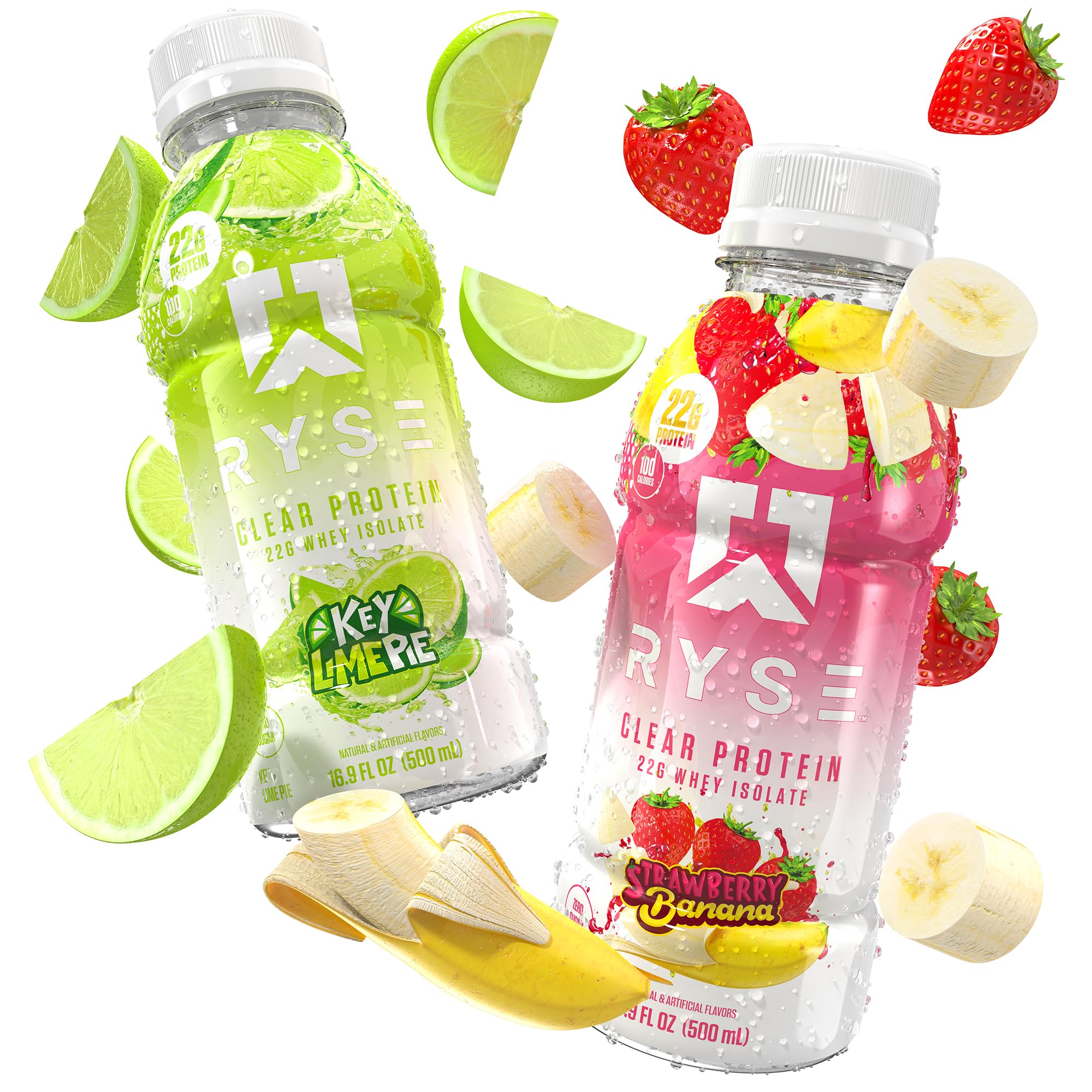 RYSE Clear Protein Drink 12-pack packaging highlighting 16.9 fl oz bottles.